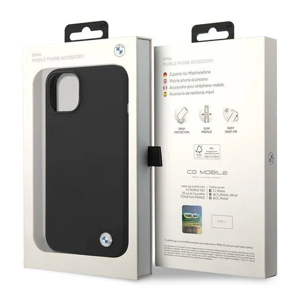 BMW Liquid Silicone Case Metal Logo dėklas iPhone 14 Plus telefonui (juodas)
