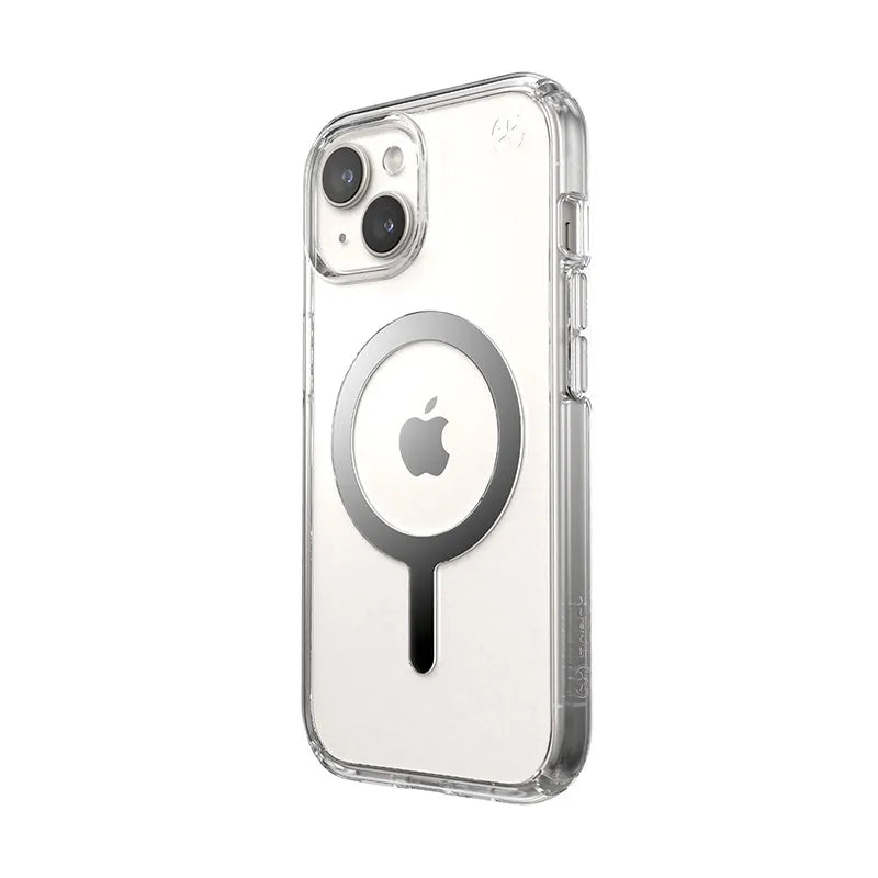 Speck Presidio Perfect-Clear MagSafe – dėklas iPhone 17e / 16e / 15 / 14 / 13 (Skaidrus / Chromuota apdaila / Serene Silver)