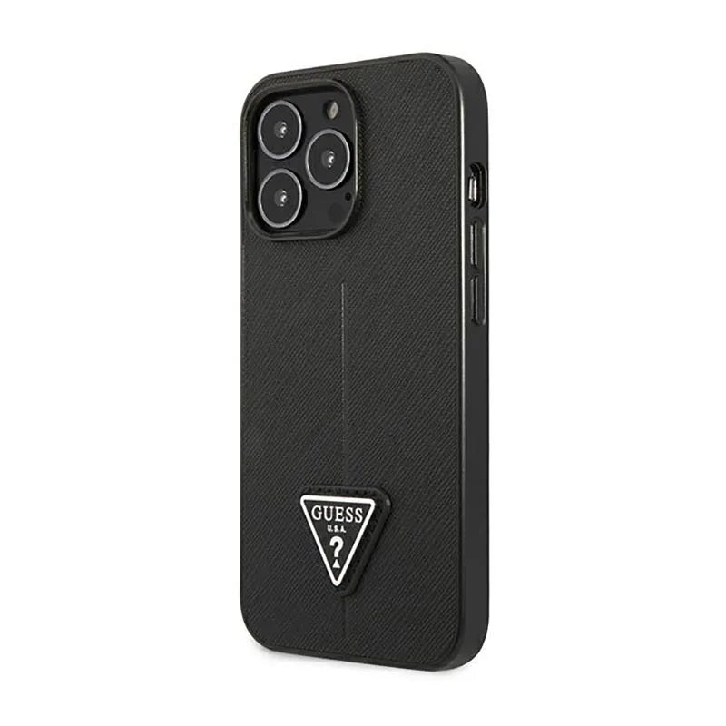 Dėklas „Guess Saffiano Triangle Logo“ – dėklas „iPhone 14 Pro“ telefonui (juodas)