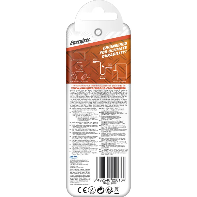 Energizer HardCase – USB-C į Lightning jungiamasis kabelis, MFi sertifikuotas, 1,2 m (baltas)