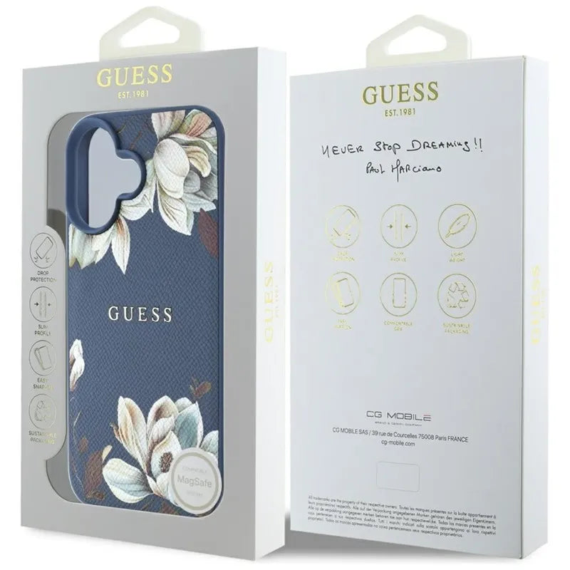 „Guess Grained Printed Flower Pattern MagSafe“ – dėklas „iPhone 16“ (mėlynas)