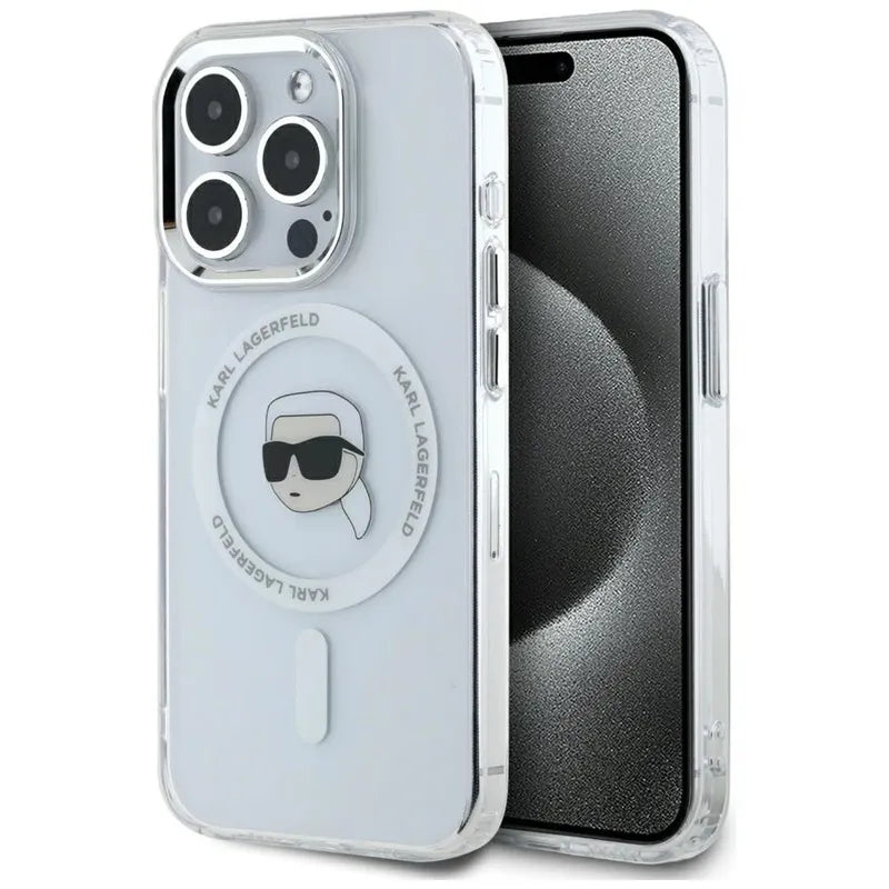 Karl Lagerfeld IML Metal Karl Head MagSafe – dėklas iPhone 15 Pro Max (baltas)