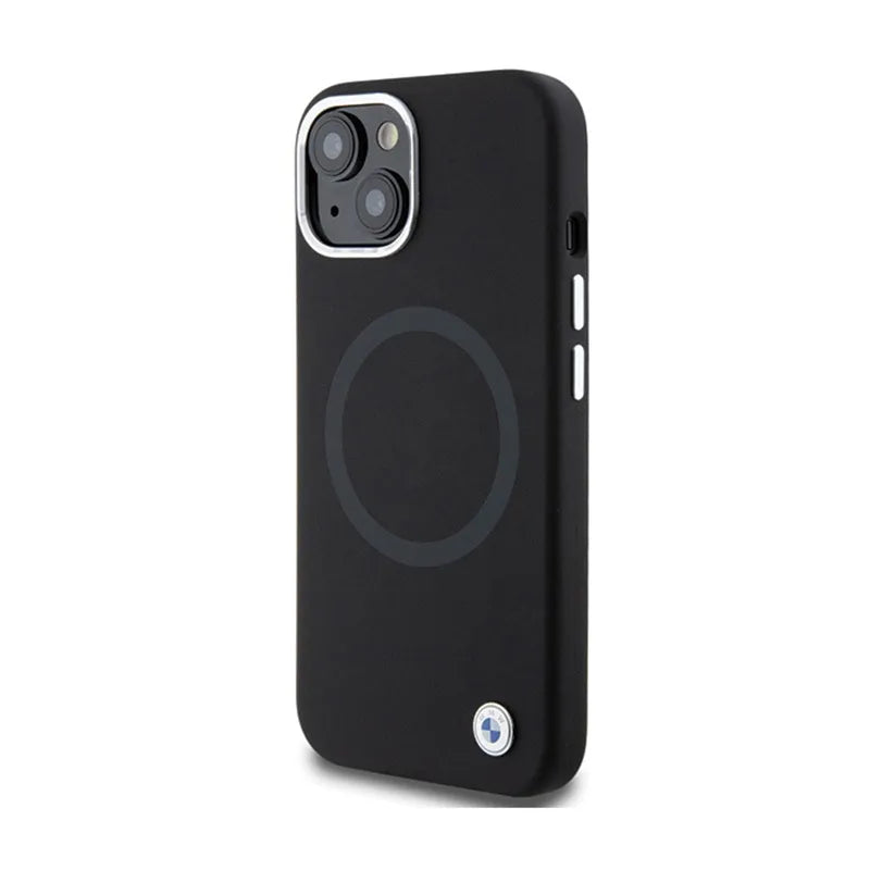 BMW Signature Liquid Silicone MagSafe dėklas iPhone 15 telefonui (juodas)