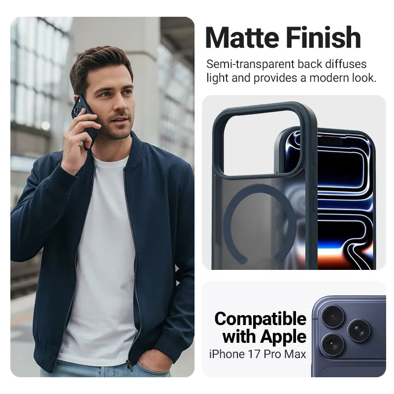 Crong Hybrid Matte Magnetic – MagSafe dėklas iPhone 17 Pro Max (tamsiai mėlynas)
