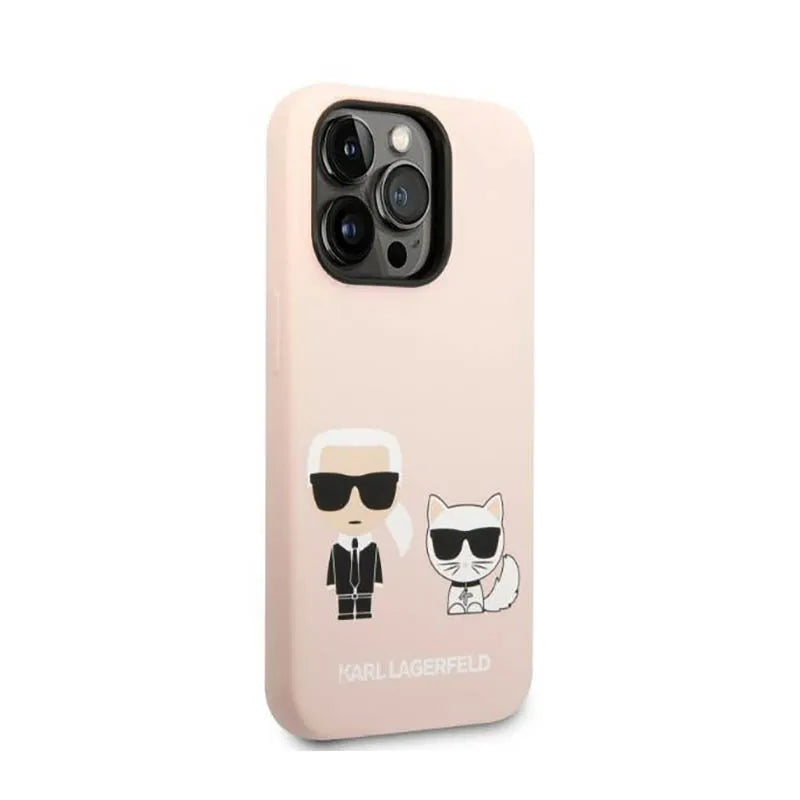 Karl Lagerfeld Liquid Silicone Karl & Choupette MagSafe dėklas, skirtas iPhone 14 Pro (rožinis)