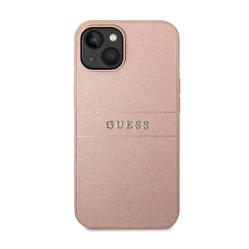 Guess Saffiano Metal Logo Stripes – Dėklas iPhone 14 Plus (rožinis)