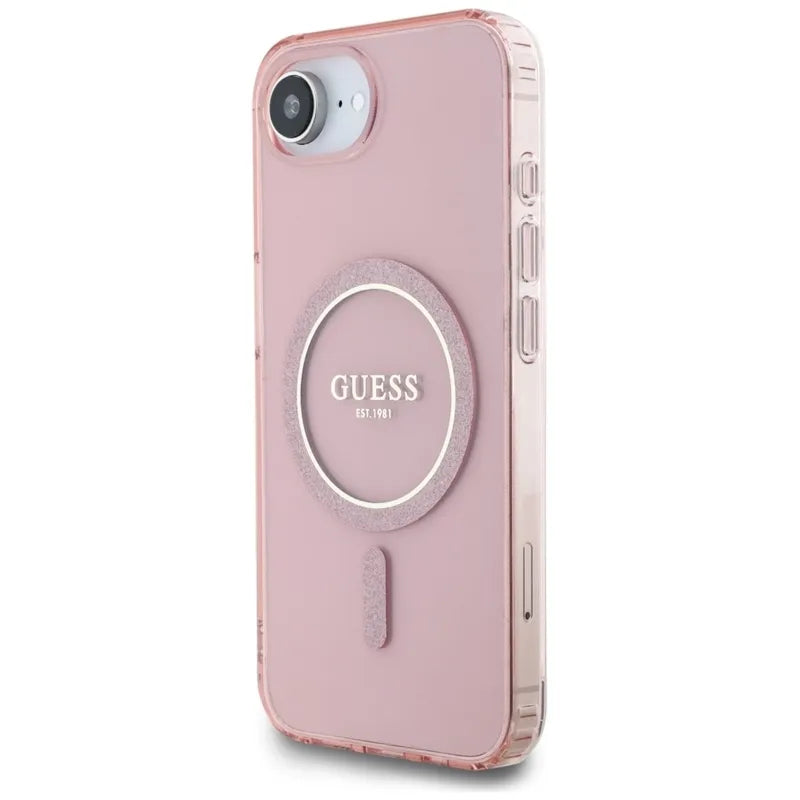 Guess IML Glitter Circle MagSafe – dėklas iPhone 16e (rožinis)