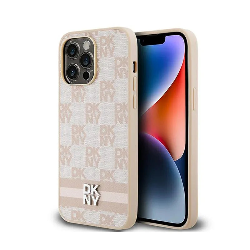 DKNY Leather Checkered Mono Pattern & Printed Stripes – dėklas iPhone 14 Pro Max (rožinis)