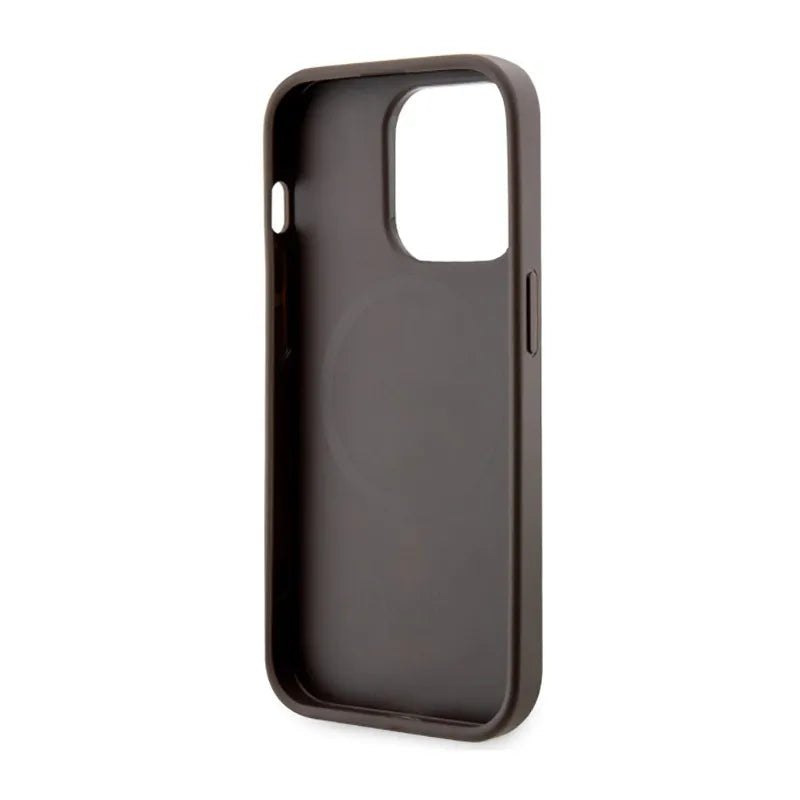 Guess 4G Printed Stripes MagSafe – dėklas iPhone 14 Pro (rudas)