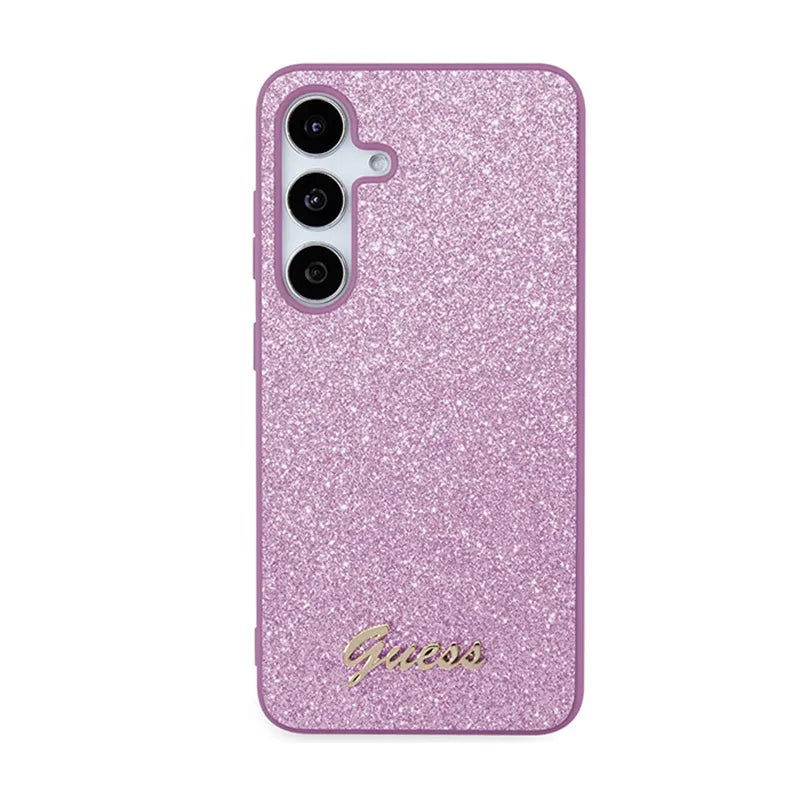 Guess Glitter Flakes Metal Logo dėklas - Dėklas skirtas Samsung Galaxy S24 (Violetinis)