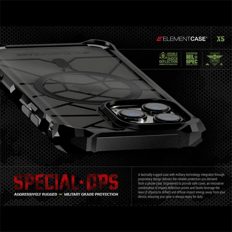 Element Case Special Ops X5 – dėklas iPhone 14 (karinio standarto apsauga nuo kritimo) (skaidrus/juodas)