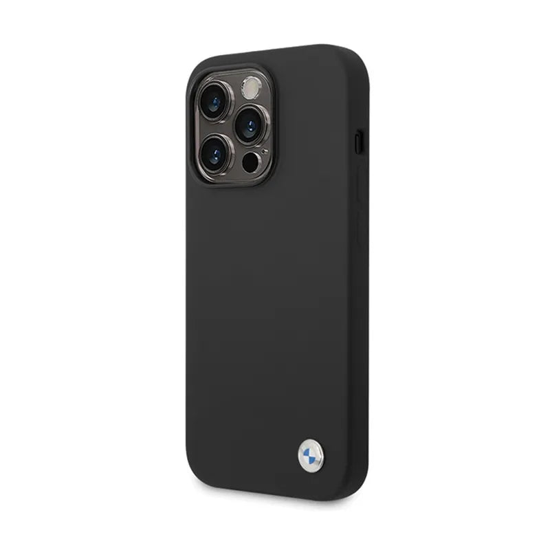 BMW Silicone Metal Logo – dėklas iPhone 15 Pro (juodas)