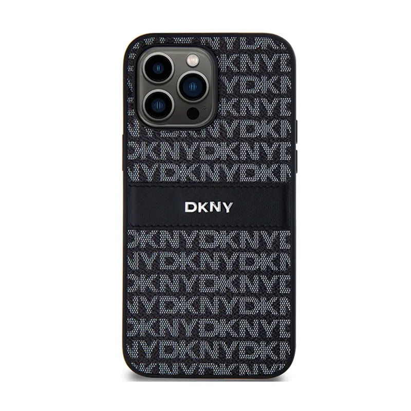 DKNY „Leather Mono Stripe & Metal Logo“ – iPhone 14 Pro dėklas (juodas)