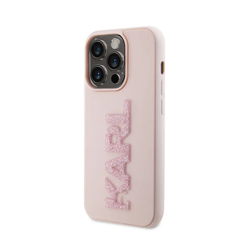 Karl Lagerfeld 3D Rubber Glitter Logo – dėklas iPhone 15 Pro (rožinis)