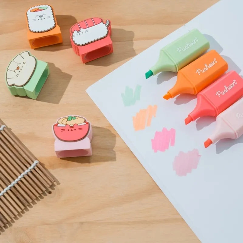 Pusheen – žymeklių rinkinys, 4 spalvos su 3D sušių ritinėlio antgaliais