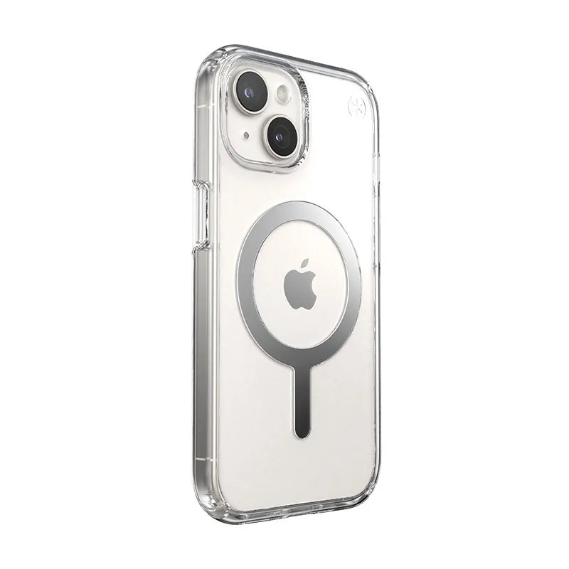 Speck Presidio Perfect-Clear MagSafe – dėklas iPhone 17e / 16e / 15 / 14 / 13 (Skaidrus / Chromuota apdaila / Serene Silver)