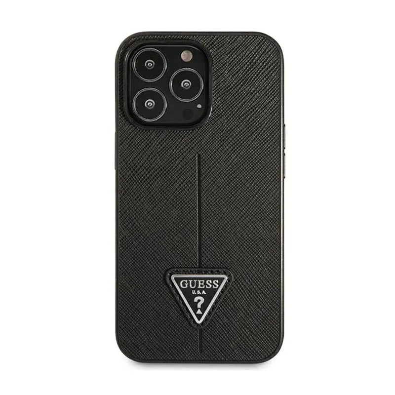 Dėklas „Guess Saffiano Triangle Logo“ – dėklas „iPhone 14 Pro“ telefonui (juodas)