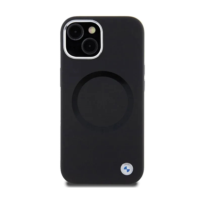 BMW Signature Liquid Silicone MagSafe dėklas iPhone 15 telefonui (juodas)