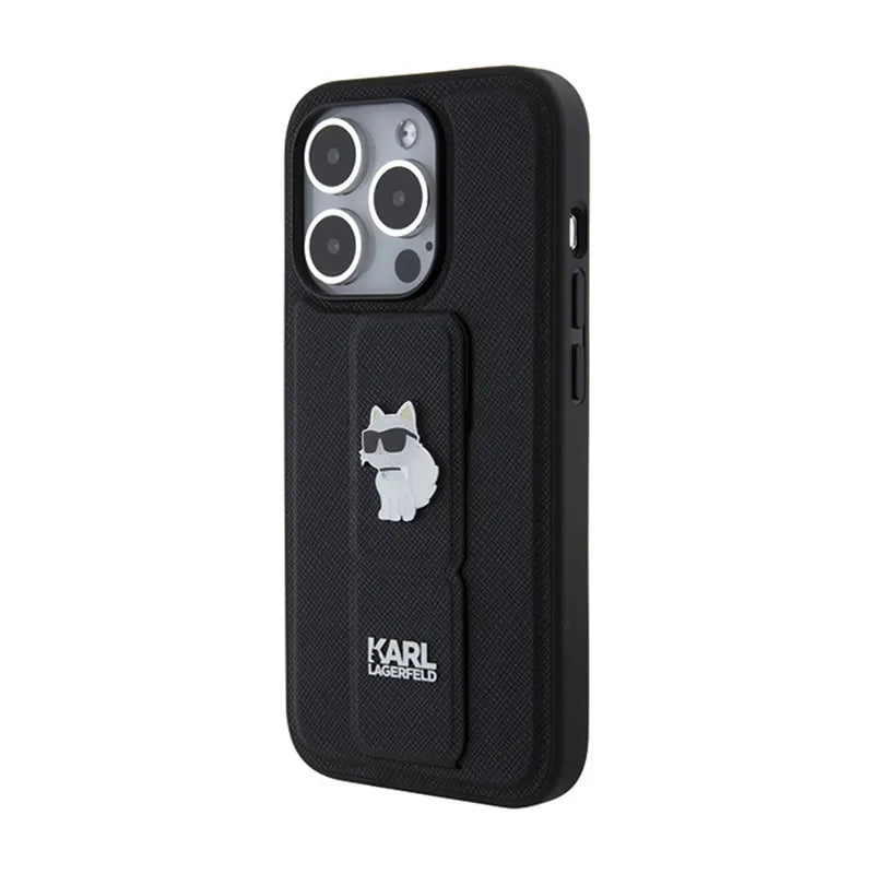 Karl Lagerfeld Gripstand Saffiano Choupette Pins – dėklas iPhone 15 Pro Max telefonui (juodas)