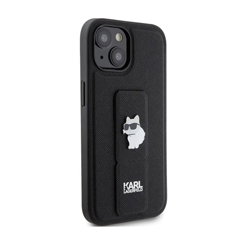 Dėklas Karl Lagerfeld Gripstand Saffiano Choupette Pins – iPhone 15 Plus (juodas)