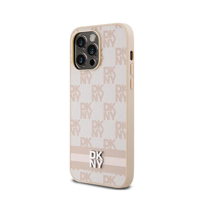 DKNY Leather Checkered Mono Pattern & Printed Stripes – dėklas iPhone 14 Pro Max (rožinis)