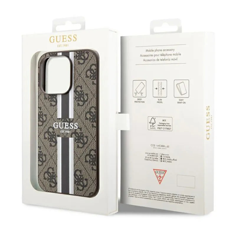 Guess 4G Printed Stripes MagSafe – dėklas iPhone 14 Pro (rudas)