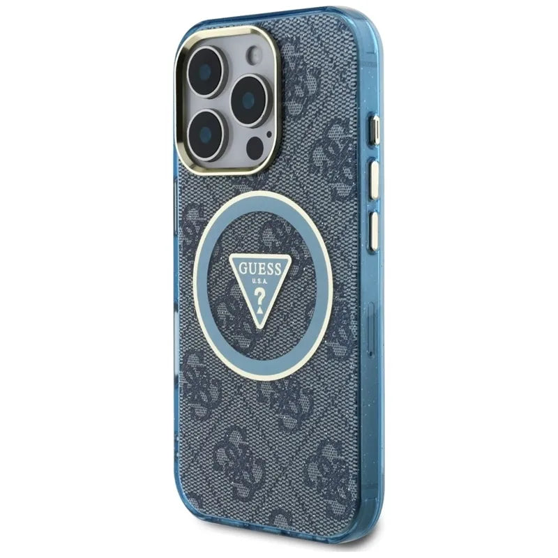 Guess IML Metal Glitter 4G Circle Triangle MagSafe – dėklas iPhone 16 Pro Max telefonui (mėlynas)