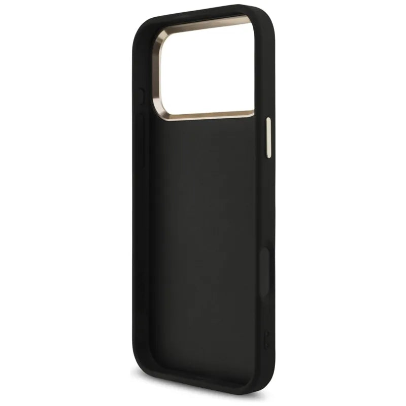 „Guess Fixed Glitter Big 4G Metal Frame“ – dėklas „iPhone 17 Pro Max“ (juodas)