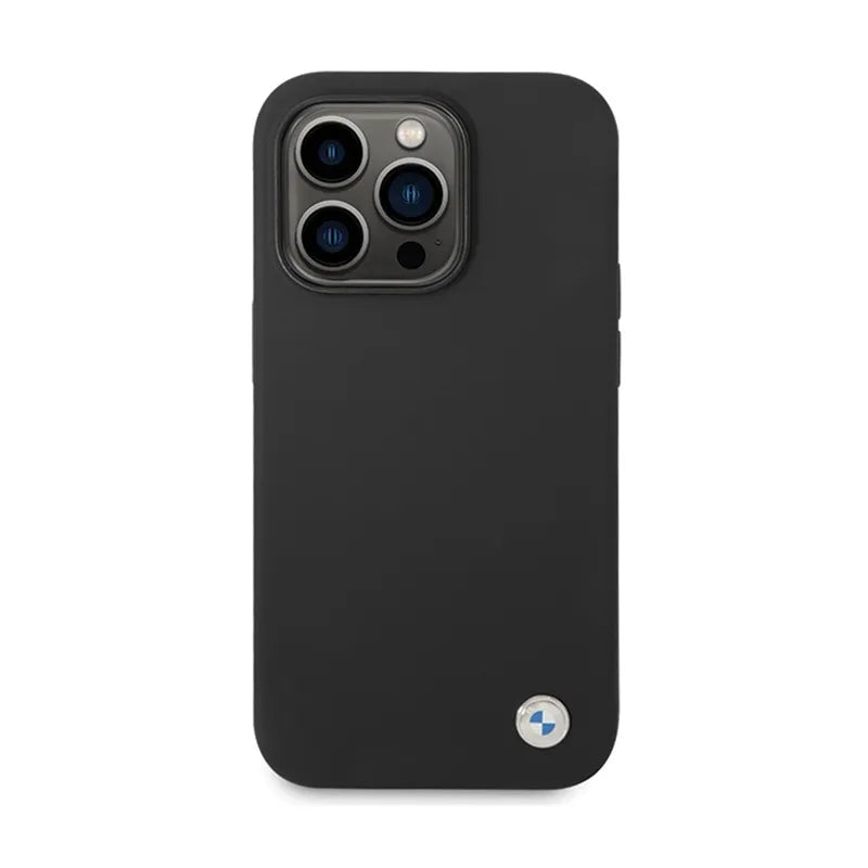 BMW Silicone Metal Logo – dėklas iPhone 15 Pro (juodas)