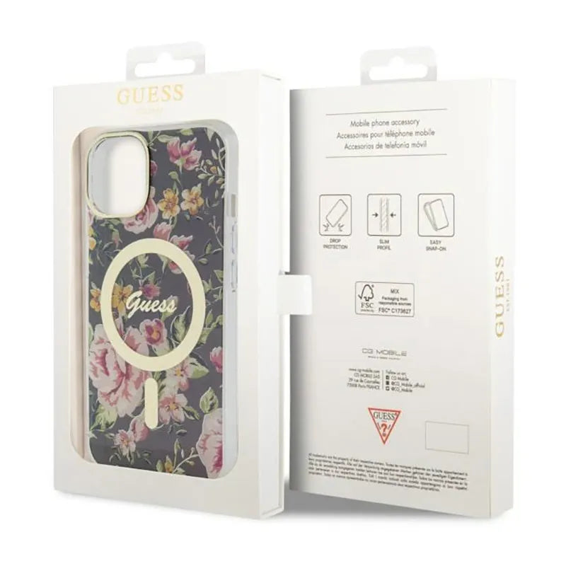 Guess Flower MagSafe – dėklas iPhone 14 Plus (juodas)