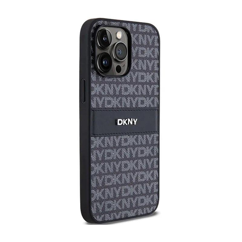 DKNY „Leather Mono Stripe & Metal Logo“ – iPhone 14 Pro dėklas (juodas)