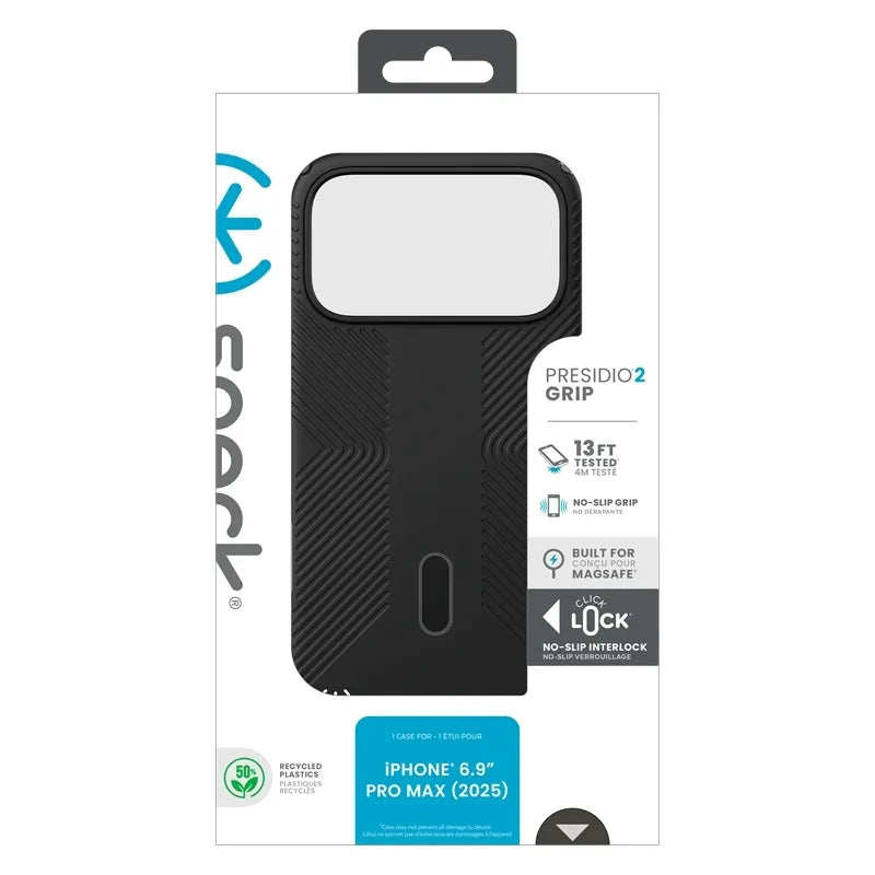 Speck Presidio2 Grip ClickLock & MagSafe dėklas, skirtas iPhone 17 Pro Max (juodas / pilkas / baltas)
