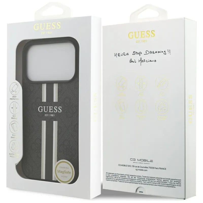 Guess 4G Printed Stripes MagSafe – dėklas iPhone 17 Pro (juodas)