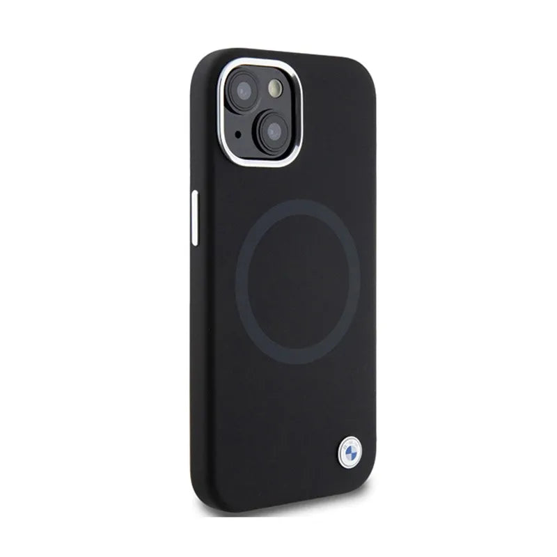 BMW Signature Liquid Silicone MagSafe dėklas iPhone 15 telefonui (juodas)