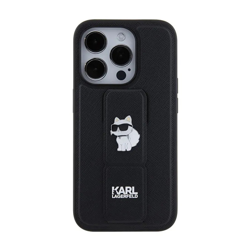 Karl Lagerfeld Gripstand Saffiano Choupette Pins – dėklas iPhone 15 Pro Max telefonui (juodas)