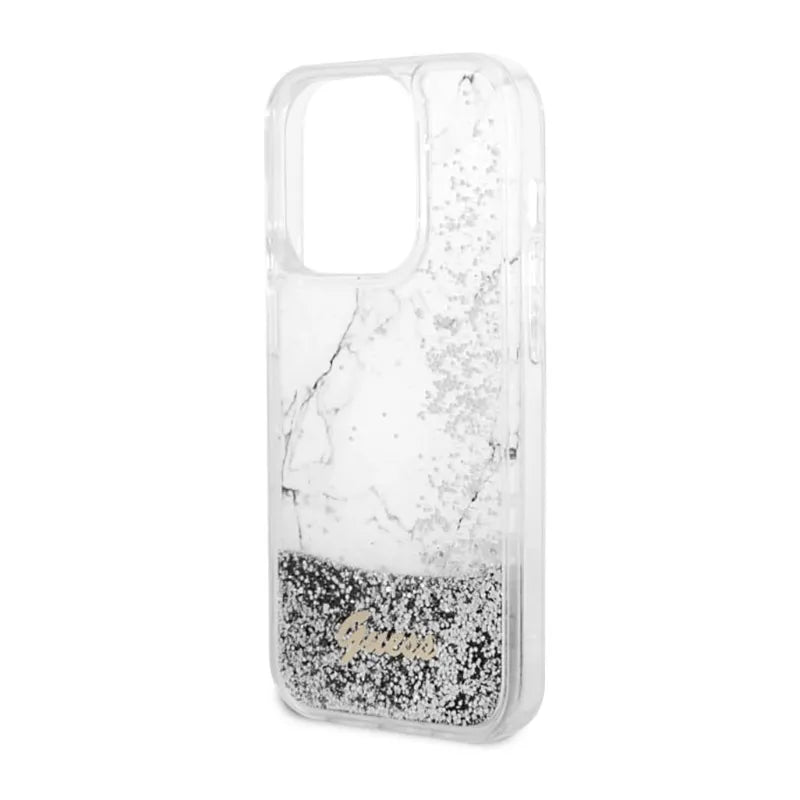 Guess Liquid Glitter Marble – Dėklas skirtas iPhone 14 Pro Max (Baltas)