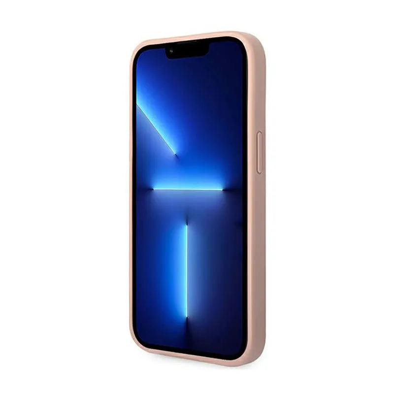 Guess Saffiano Metal Logo Stripes – Dėklas iPhone 14 Plus (rožinis)