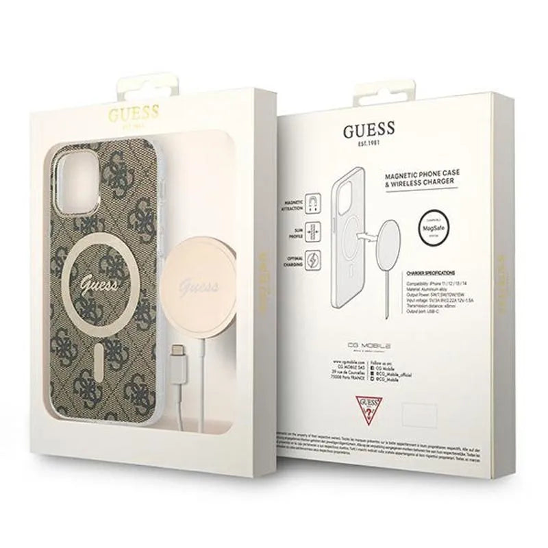 Guess Bundle Pack MagSafe 4G – dėklo „iPhone 12 / iPhone 12 Pro“ + „MagSafe“ įkroviklio rinkinys (ruda/auksinė)