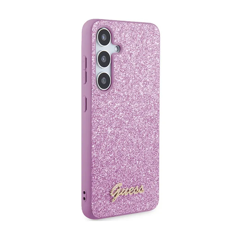 Guess Glitter Flakes Metal Logo dėklas - Dėklas skirtas Samsung Galaxy S24 (Violetinis)