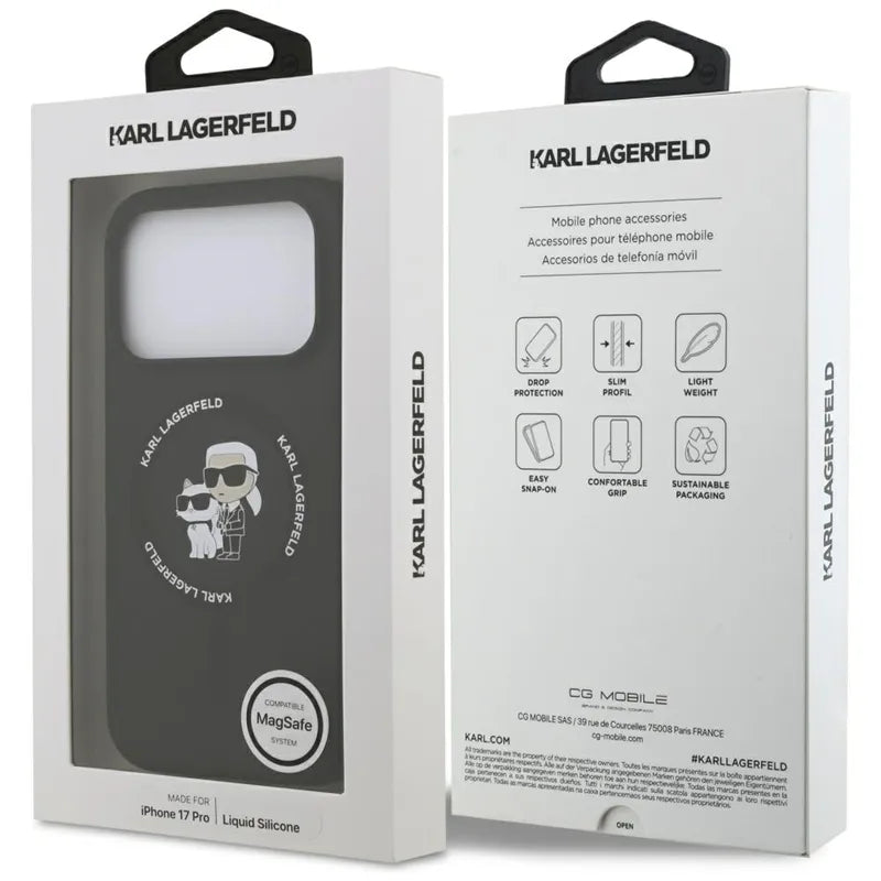 Karl Lagerfeld Silicone Karl & Choupette Ring MagSafe - dėklas iPhone 17 Pro (juodas)