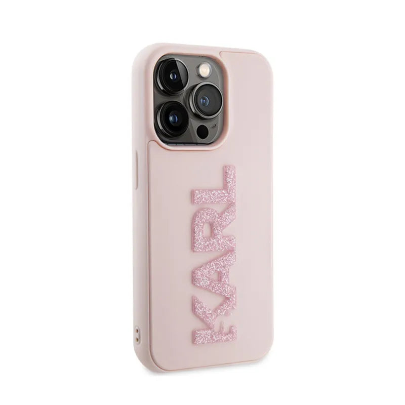 Karl Lagerfeld 3D Rubber Glitter Logo – dėklas iPhone 15 Pro (rožinis)