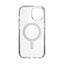 Speck Presidio Perfect-Clear MagSafe – dėklas iPhone 17e / 16e / 15 / 14 / 13 (Skaidrus / Chromuota apdaila / Serene Silver)