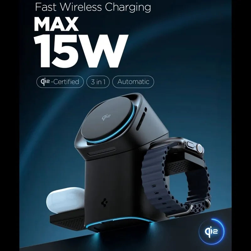 Spigen Essential EF223MS Qi2 rotacinis magnetinis 3-in-1 MagSafe indukcinis įkroviklis, skirtas iPhone, AirPods ir Apple Watch 15W (juodas)