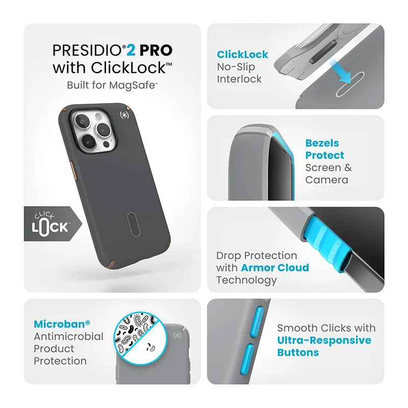 Speck Presidio2 Pro ClickLock & MagSafe – dėklas iPhone 15 Pro (anglies pilka / vėsioji bronzinė)