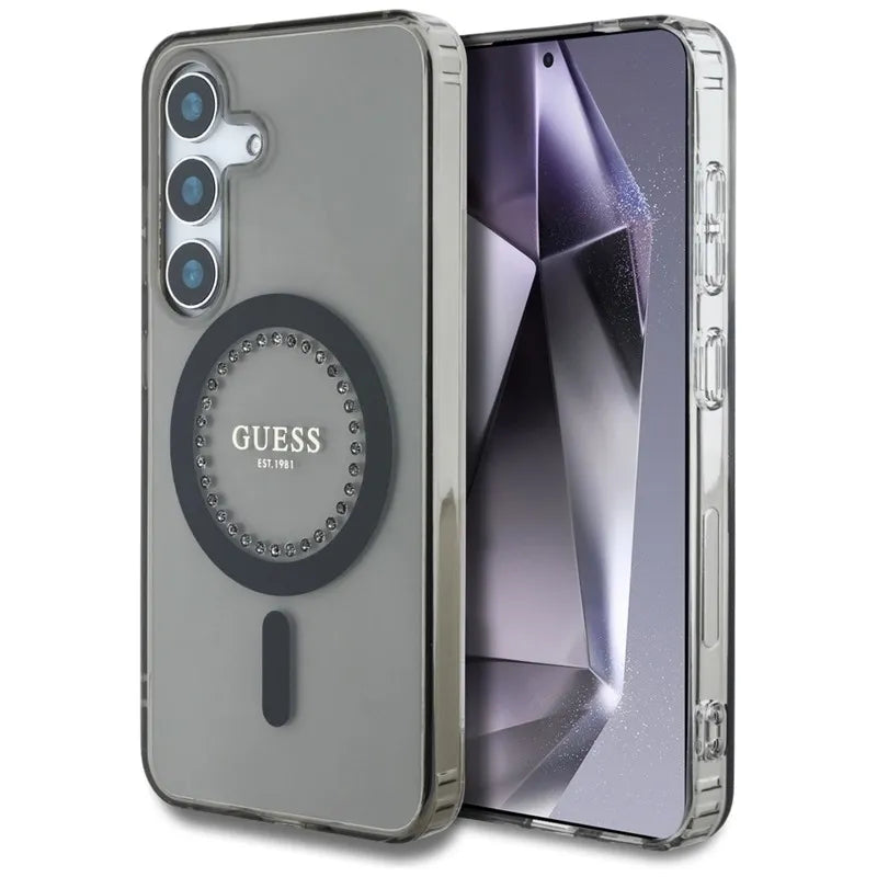 Guess Rhinestones Printed Classic Logo MagSafe – dėklas Samsung Galaxy S25 telefonui (juodas)
