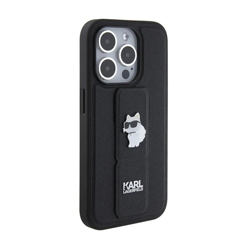 Karl Lagerfeld Gripstand Saffiano Choupette Pins – dėklas iPhone 15 Pro Max telefonui (juodas)