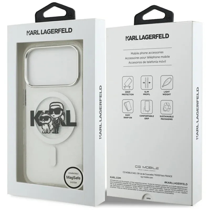 Karl Lagerfeld IML Glitter Karl & Choupette Sketch Logo MagSafe – Dėklas iPhone 17 Pro (skaidrus)