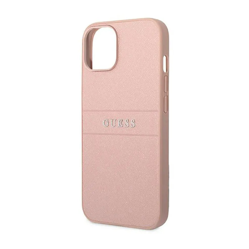 Guess Saffiano Metal Logo Stripes – Dėklas iPhone 14 Plus (rožinis)