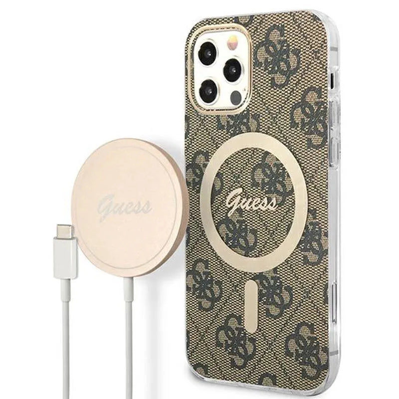 Guess Bundle Pack MagSafe 4G – dėklo „iPhone 12 / iPhone 12 Pro“ + „MagSafe“ įkroviklio rinkinys (ruda/auksinė)