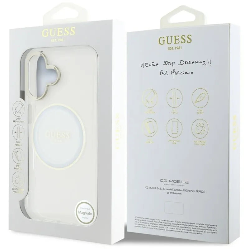 Guess IML Metal Colored Circle Classic Logo MagSafe – dėklas iPhone 16 (baltas)